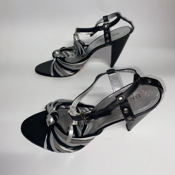 Bridget Shuster Black Silver Gray Leather Tassel Ankle Strap Heeled Sandals 7.5 - Picture 6 of 10